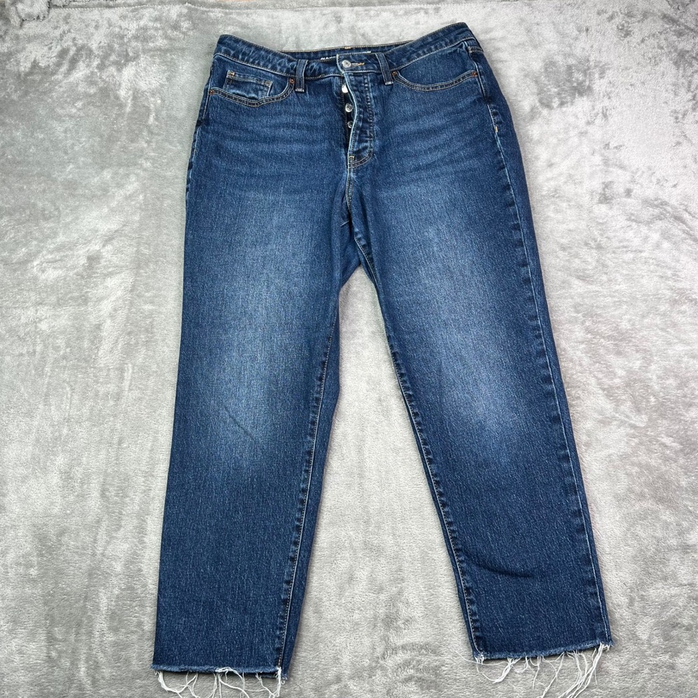 Old Navy OG Straight Jeans Womens 12 Blue Stretch High Rise Button Fly Raw Hem